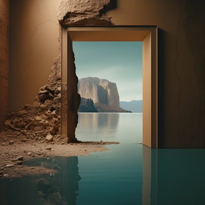 Ein Bild eines ungenutzten Raums mit einem riesigen See und einer Wüste in einem großen Loch, Futurecore, hoher Kontrast, Chiaroscuro, warme Töne 3 von Kurt Heppke