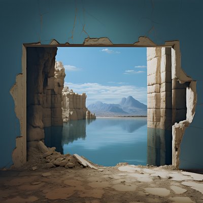 Ein Bild eines ungenutzten Raums mit einem riesigen See und einer Wüste in einem großen Loch, Futurecore, hoher Kontrast, Chiaroscuro, warme Töne 4 von Kurt Heppke