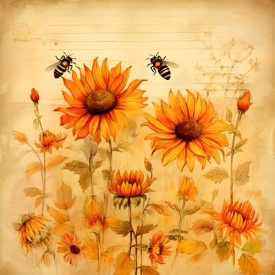 Aquarell Sonnenblumen und Bienen Silhouetten von Kurt Heppke