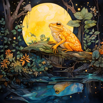 Gelber Frosch im Wald, Mond, Fluss von Kurt Heppke