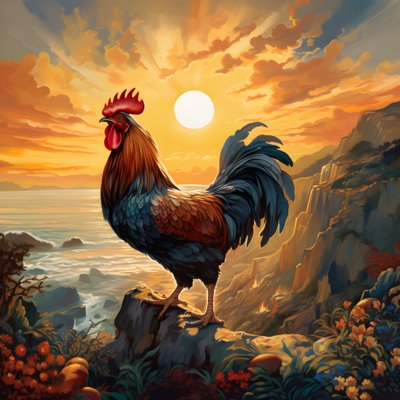 Ein krähender Hahn bei Sonnenaufgang von Kurt Heppke