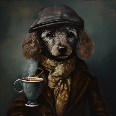 Ein kultivierter Pudel trinkt eine Tasse Tee, trägt einen Rollkragen und eine flache Mütze, rauchiger Hintergrund 1 von Kurt Heppke