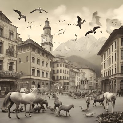 Innsbruck in einer alten Fotografie mit eleganten Zebras, Möwen, Affen und Tonfiguren. 1 von Kurt Heppke