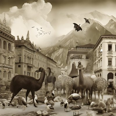 Innsbruck in einer alten Fotografie mit eleganten Zebras, Möwen, Affen und Tonfiguren. 3 von Kurt Heppke