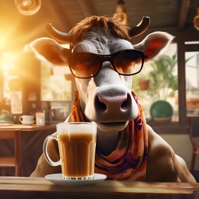 Kuh mit Sonnenbrille und Blick auf kalten Kaffee von Kurt Heppke