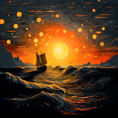 Sonnenuntergang, orange-gelbe Sonne, Wolken, fünf rotierende Kreise von Wolken in einem großen Himmel, punktförmige Wellen und orange-gelbe Sonnenuntergangswolken, die sich auf den Wellen spiegeln, ein Boot fährt aufs Meer hinaus 1 von Kurt Heppke