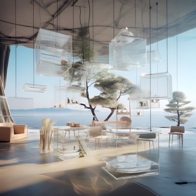 Transparentes Gebäude mit Insel-Tisch in der Mitte von Kurt Heppke