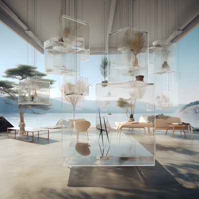 Transparentes Gebäude mit Insel-Tisch in der Mitte von Kurt Heppke