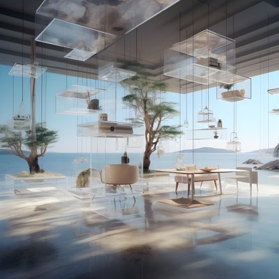 Transparentes Gebäude mit Insel-Tisch in der Mitte von Kurt Heppke