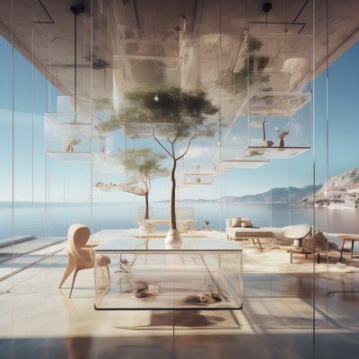 Transparentes Gebäude mit Insel-Tisch in der Mitte von Kurt Heppke