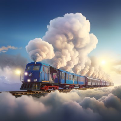 Ein schnell fahrender Social-Media-Zug, der durch die Wolken fliegt und an einem Faden hängt 2 von Kurt Heppke