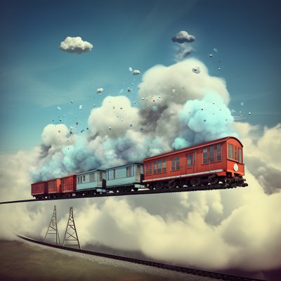 Ein schnell fahrender Social-Media-Zug, der durch die Wolken fliegt und an einem Faden hängt 3 von Kurt Heppke