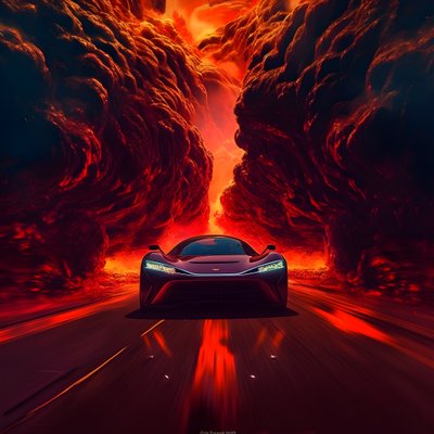 Ein Luxusauto fährt einen Weg entlang mit leuchtendem Rot im Hintergrund von Kurt Heppke