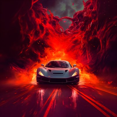 Ein Luxusauto fährt einen Weg entlang mit leuchtendem Rot im Hintergrund von Kurt Heppke