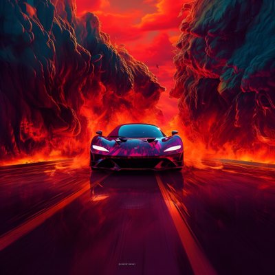 Ein Luxusauto fährt einen Weg entlang mit leuchtendem Rot im Hintergrund von Kurt Heppke
