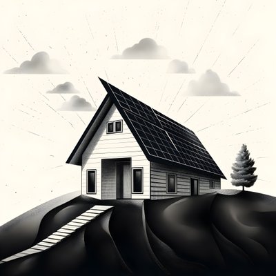 Illustration eines Hauses mit Solarpanelen, mit einem großen Pfeil dahinter, der nach rechts und oben zeigt von Kurt Heppke