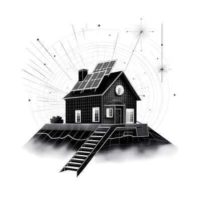 Illustration eines Hauses mit Solarpanelen, mit einem großen Pfeil dahinter, der nach rechts und oben zeigt von Kurt Heppke