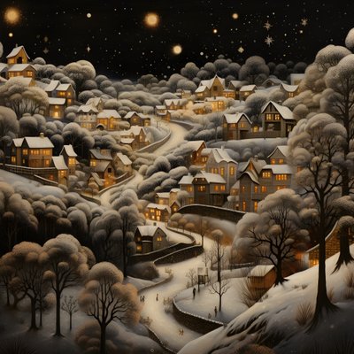 Ein Dorf bei Nacht unter verschneiten Bäumen von Kurt Heppke