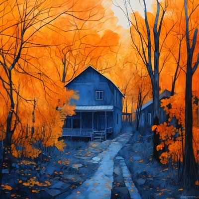Ein blaues Haus in einem orangefarbenen Wald von Kurt Heppke