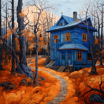 ein blaues Haus in einem orangefarbenen Wald von Kurt Heppke