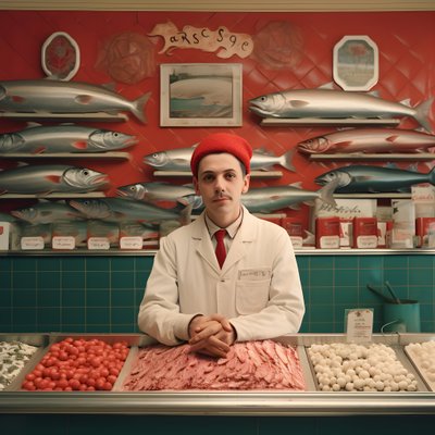 ein surreales Bild eines polnischen Fischhändlers aus den 1950er Jahren von Kurt Heppke