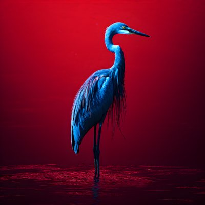 Synthwave digitale Kunst eines exotischen kobaltblauen Reihers auf rotem Papier von Kurt Heppke