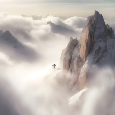 Zwei Menschen beim Skifahren über einem wolkenverhangenen Berg von Kurt Heppke