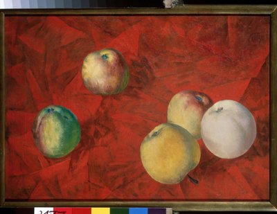 Äpfel auf rotem Hintergrund von Kuzma Sergeevich Petrov Vodkin