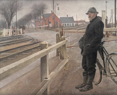 Warten auf den Zug. Bahnübergang an der Roskilde-Straße von Laurits Andersen Ring
