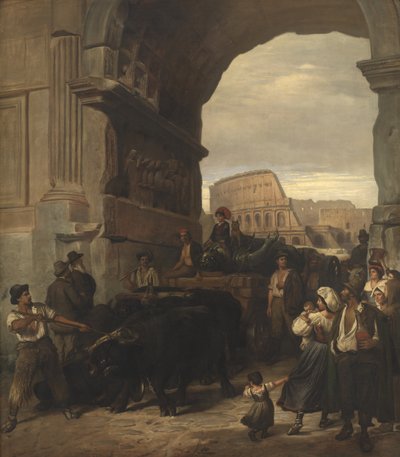 Römische Arbeiter transportieren eine antike Kaiserstatue vom Kolosseum durch den Titusbogen zu den Kapitolinischen Museen von L.A. Schou