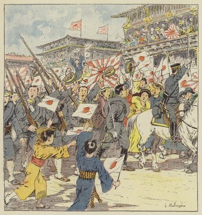 Die Truppen werden von der Menge bei ihrer Abreise aus Tokio bejubelt von L. Malespine