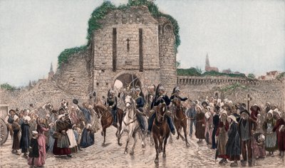 Kavallerie verlässt eine bretonische Stadt (farbige Photogravur) von Lady  Butler