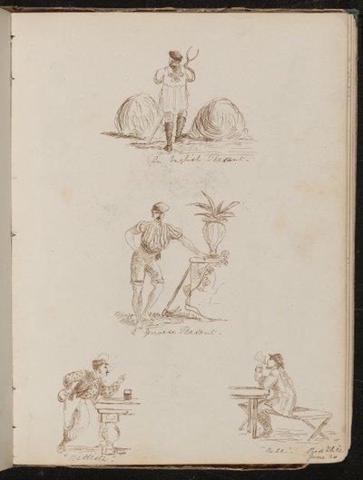 "Englischer Bauer", "ein genuesischer Bauer", Figurenstudien in Tavernen beschriftet "Battista" und "Bile", Ort und Datum "20. Juni" von Lady Butler