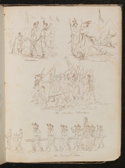 Vier Bataillonszenen mit der Inschrift "Wimbledon", "Down South", "The Yankee Volunteers", "The British Ditto" mit verschiedenen Soldatentypen von Lady Butler