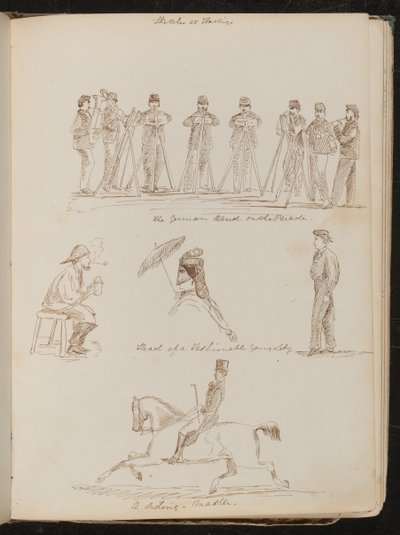 ?Deutsche Kapelle auf der Parade", Studie eines sitzenden Mannes mit Krug und Pfeife, "Kopf einer modischen jungen Dame" und "ein Reitlehrer" von Lady Butler