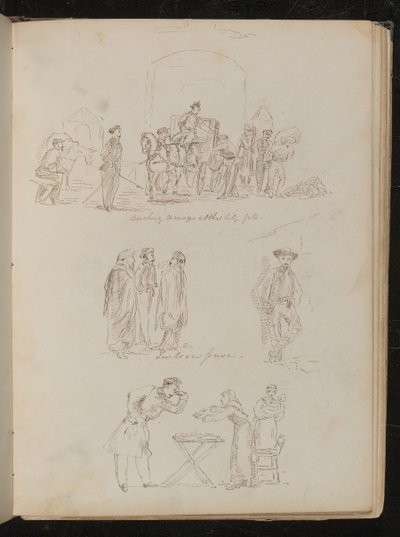 Durchsuchung von Kutschen am Stadttor und drei Studien mit der Aufschrift Türken in Genua, rauchende männliche Figur, eine Wahrsagerin mit einem Soldaten von Lady Butler