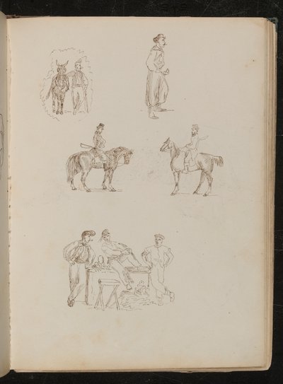 Studien von männlichen Figuren mit Pferden, Studie eines rauchenden Soldaten mit Schwert, Studie von drei Obstverkäufern mit Stand von Lady Butler