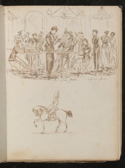 Studie einer Cafészene mit Soldaten, die Zeitungen lesen, mit der Inschrift "News from gaela - a café in Genoa" von Lady Butler
