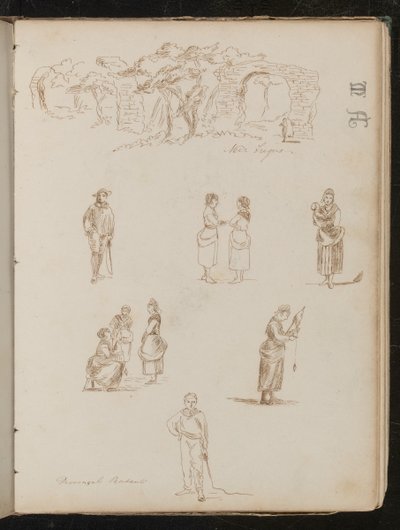 Studie einer Landschaft mit Bäumen und Ruinenbögen beschriftet "In der Nähe von Frejus", sechs Studien von Figuren beschriftet "Provenzalische Bauern" von Lady Butler