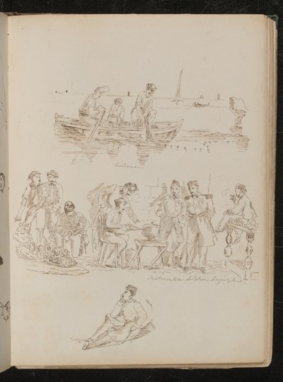 Drei Figuren in einem Ruderboot beschriftet "Fischer", Marktszene mit acht Figuren beschriftet "Piemontesische Soldaten kaufen Obst" von Lady Butler