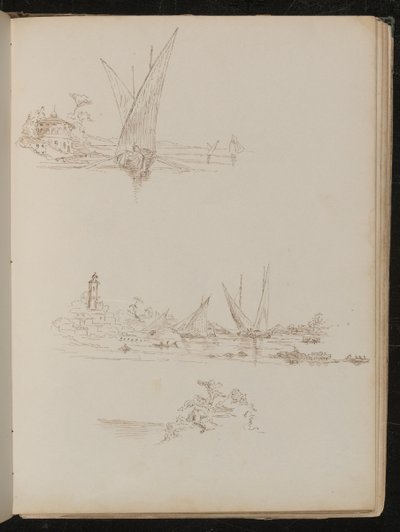 Drei Studien von Schiffen, Booten und Küstenlandschaft von Lady Butler