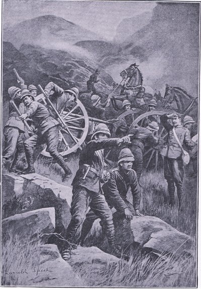 Ein umgestürztes Geschütz auf einem Hügel, aus After Pretoria: Der Guerillakrieg veröffentlicht von Harmsworth Bros Limited, 1901 von Lancelot Speed