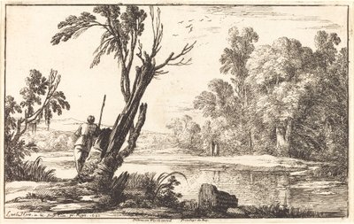 Ein Mann, der über einen stillen Teich blickt von Laurent de la Hyre