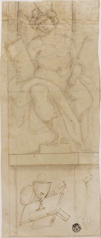 Sitzende Figur mit Krone, Zepter und Buch haltend, mit Hostie darunter von Lazzaro Tavarone