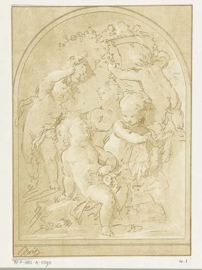 Fünf Putti mit Blumen und Girlanden bei einer Vase von Leendert Brasser