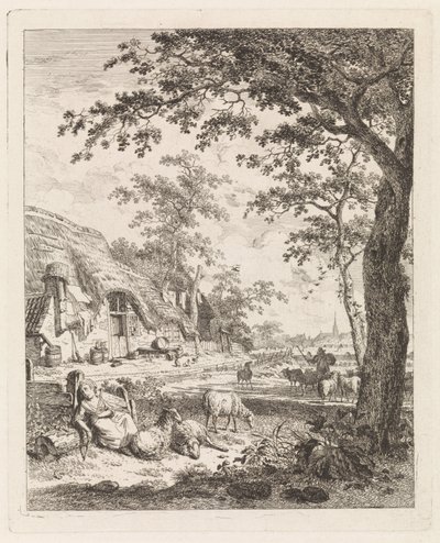 Hirtin mit Schafen vor einem Bauernhof von Leendert Overbeek