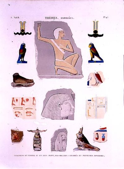 Illustrationen von bemalten Reliefs auf Stein- und Holzfragmenten Hypogees, Theben, Tafel 47 aus Band II von 