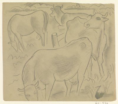 Drei Kühe und ein Pferd auf der Weide von Leo Gestel