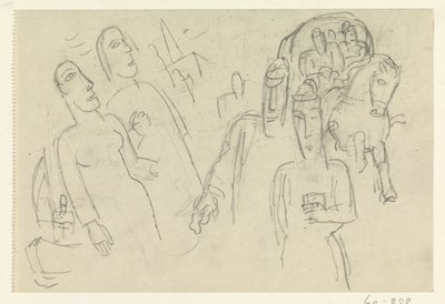 Menschen auf der Straße und ein Pferd mit Wagen von Leo Gestel