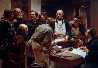 Der Sezierkurs des Arztes Claude Bernard (1813-1878) (mit der Schürze) in Anwesenheit seiner Schüler Paul Bert (1833-1886) und Arsonval